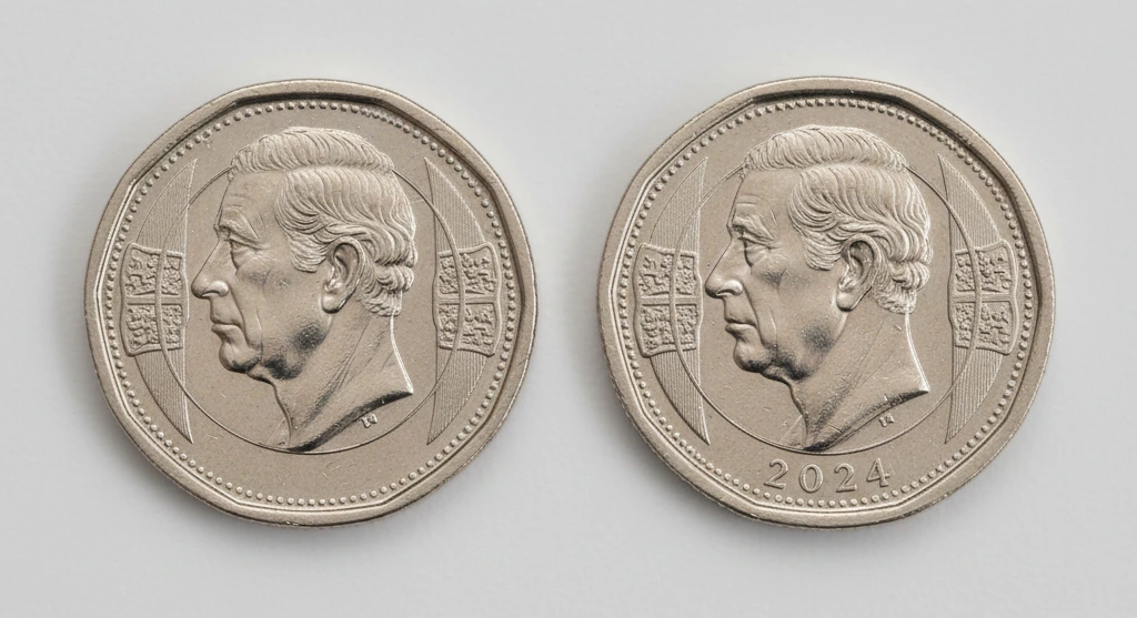 Side-by-side image of King Charles 50p no date vs dated coin, clean background