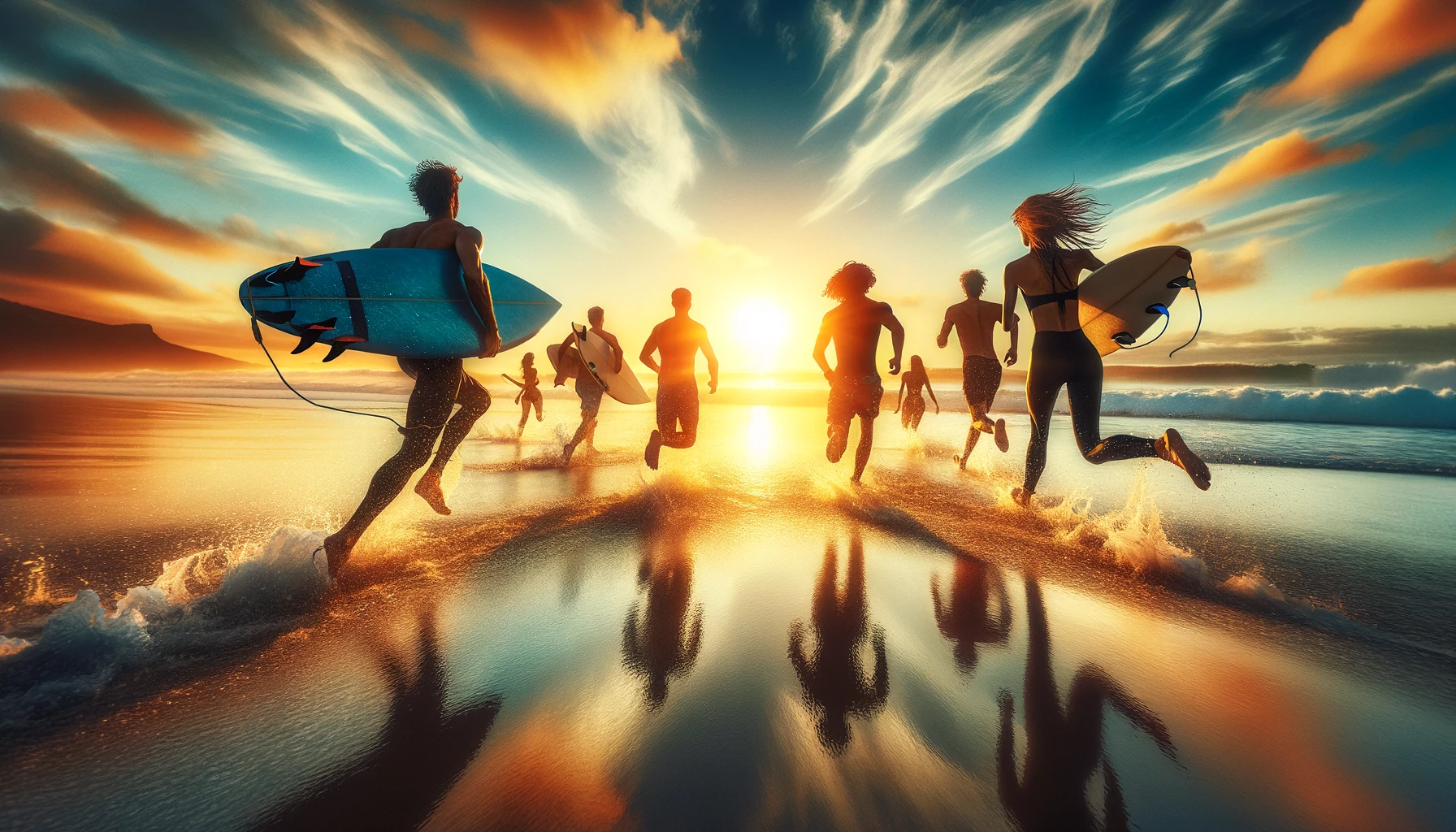 carefree surfers having fun while running into the sea with their surfboards at sunset