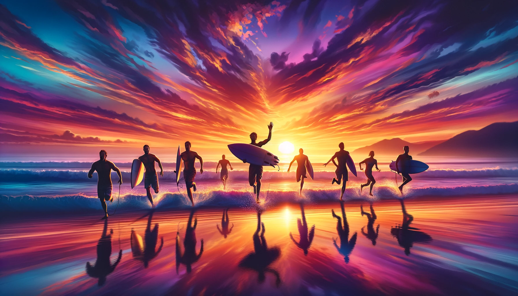 carefree surfers rushing into the sea at sunset