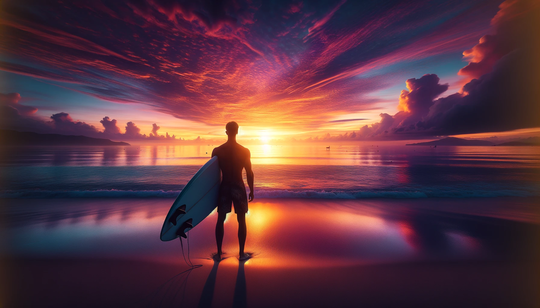  a man standing on the beach with his surfboard, admiring the sunset, from a rear view as he looks at the sea
