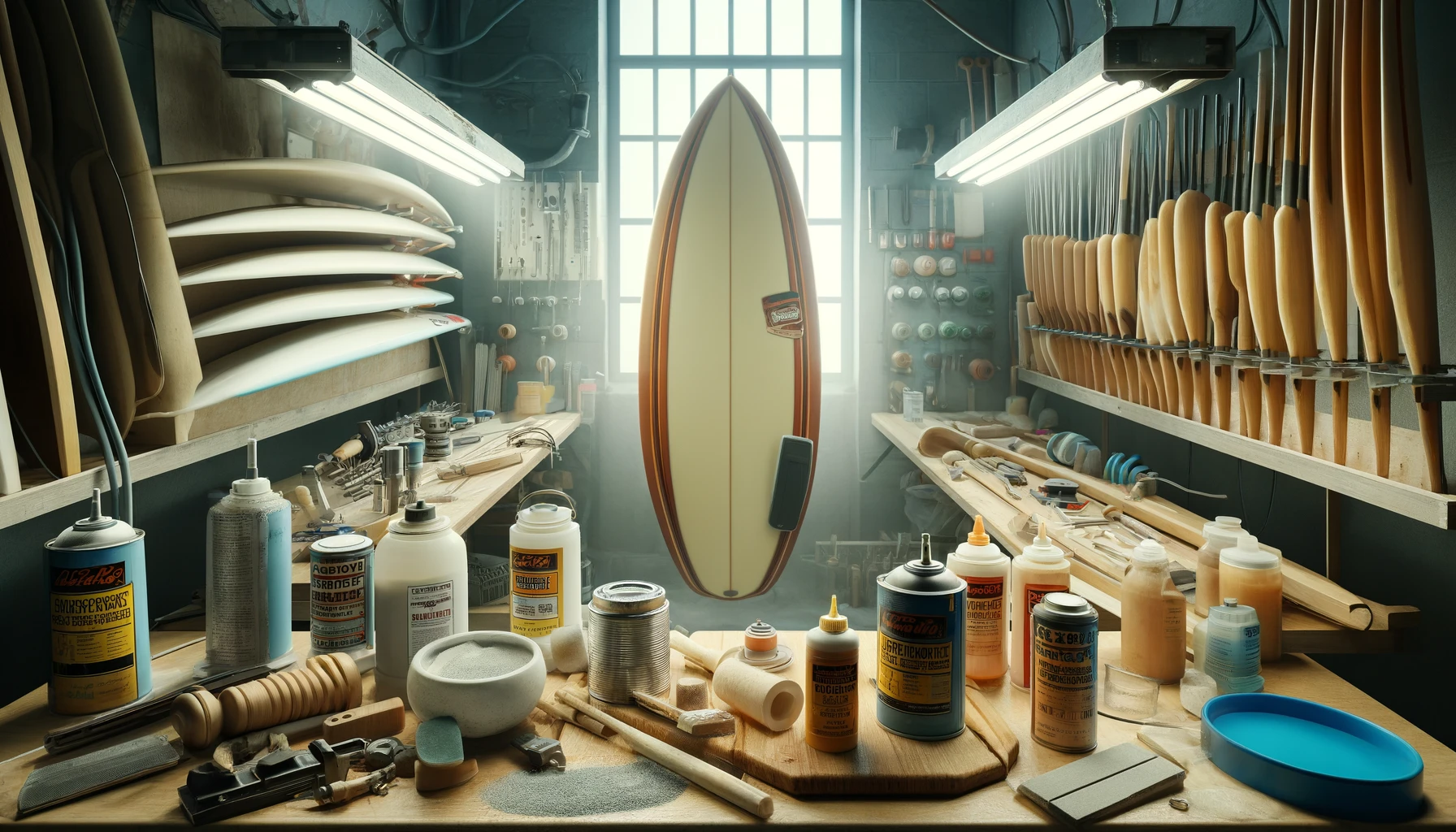 A surfboard workshop, which is filled with tools, resin cans, sandpaper, and surfboard molds, creating a sense of activity and craftsmanship. 
