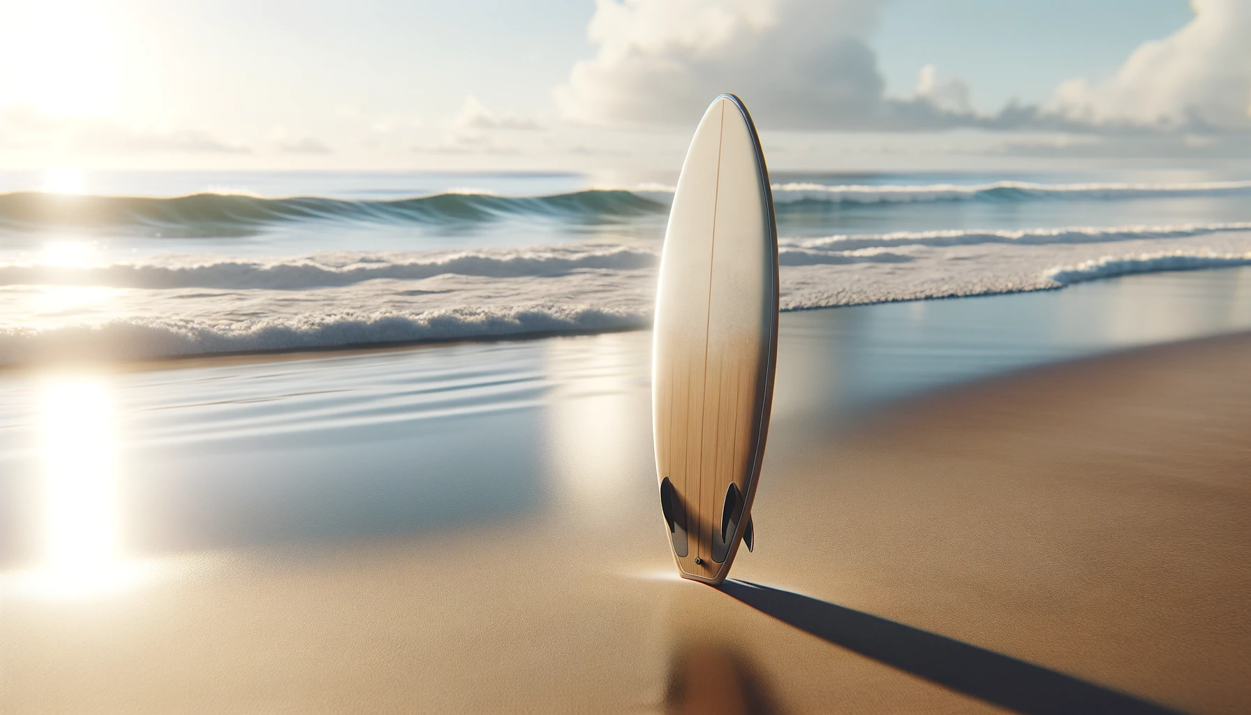 A surfboard is resting on a sandy beach, with gentle waves lapping in the background.