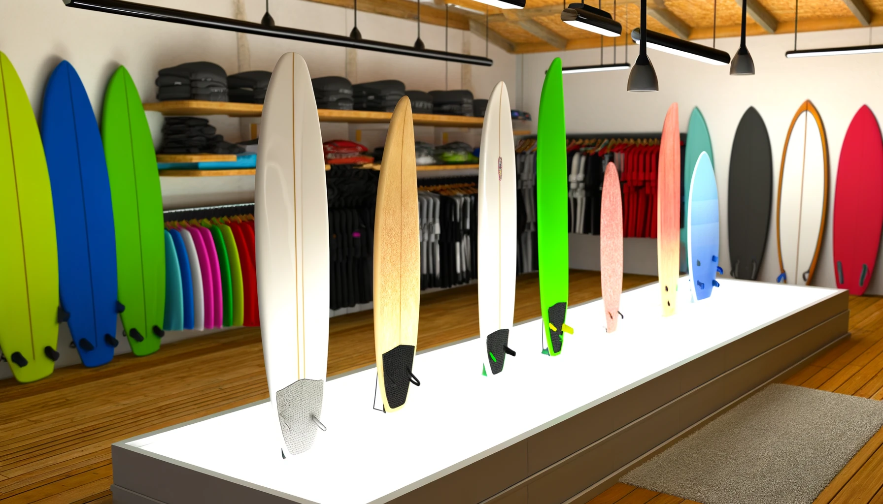  A surf shop with longboards and shortboards displayed prominently.