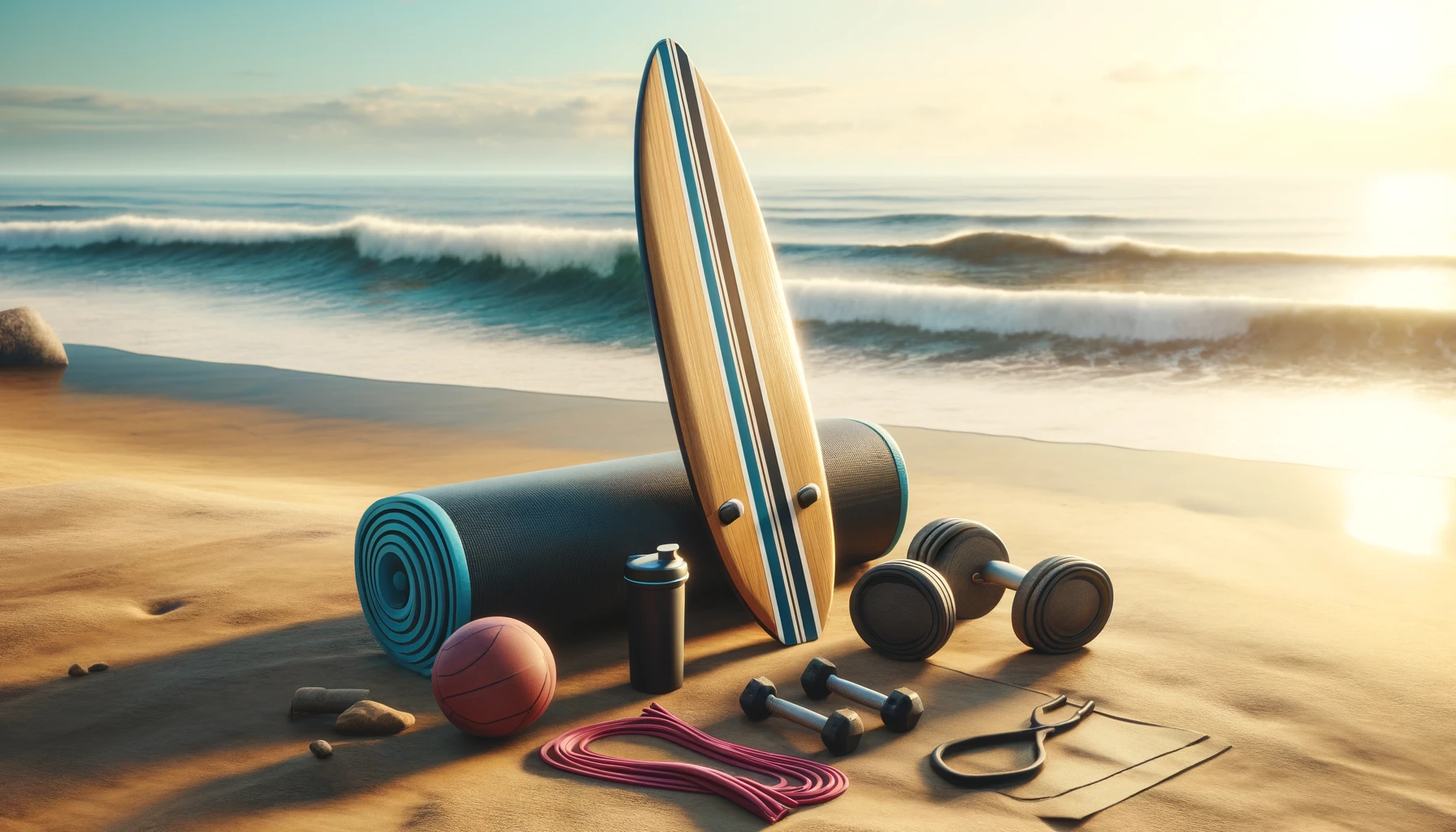 A surfboard on a sandy beach, surrounded by exercise equipment like dumbbells, resistance bands, and a yoga mat.