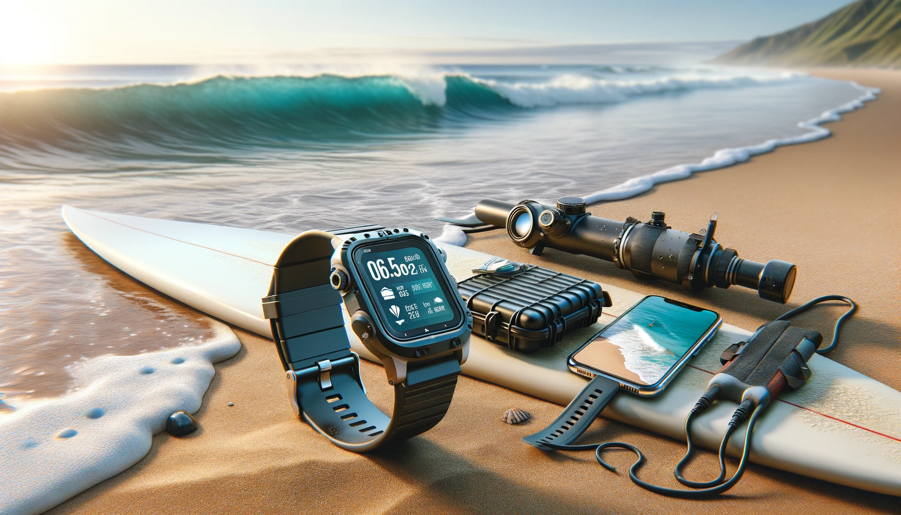 A surfer's gear setup on a sandy beach, including a surfboard, a waterproof smartwatch displaying a surf app, and a waterproof case containing a smartphone.