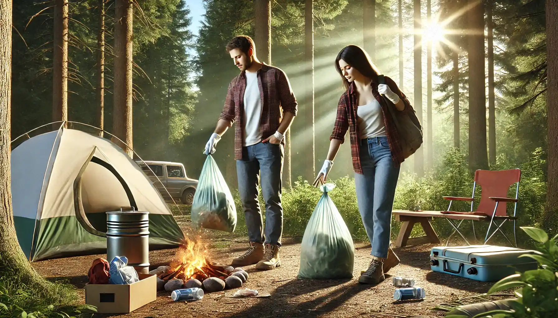A family of two, a man and a woman, is cleaning up trash at their campsite after a camping trip.