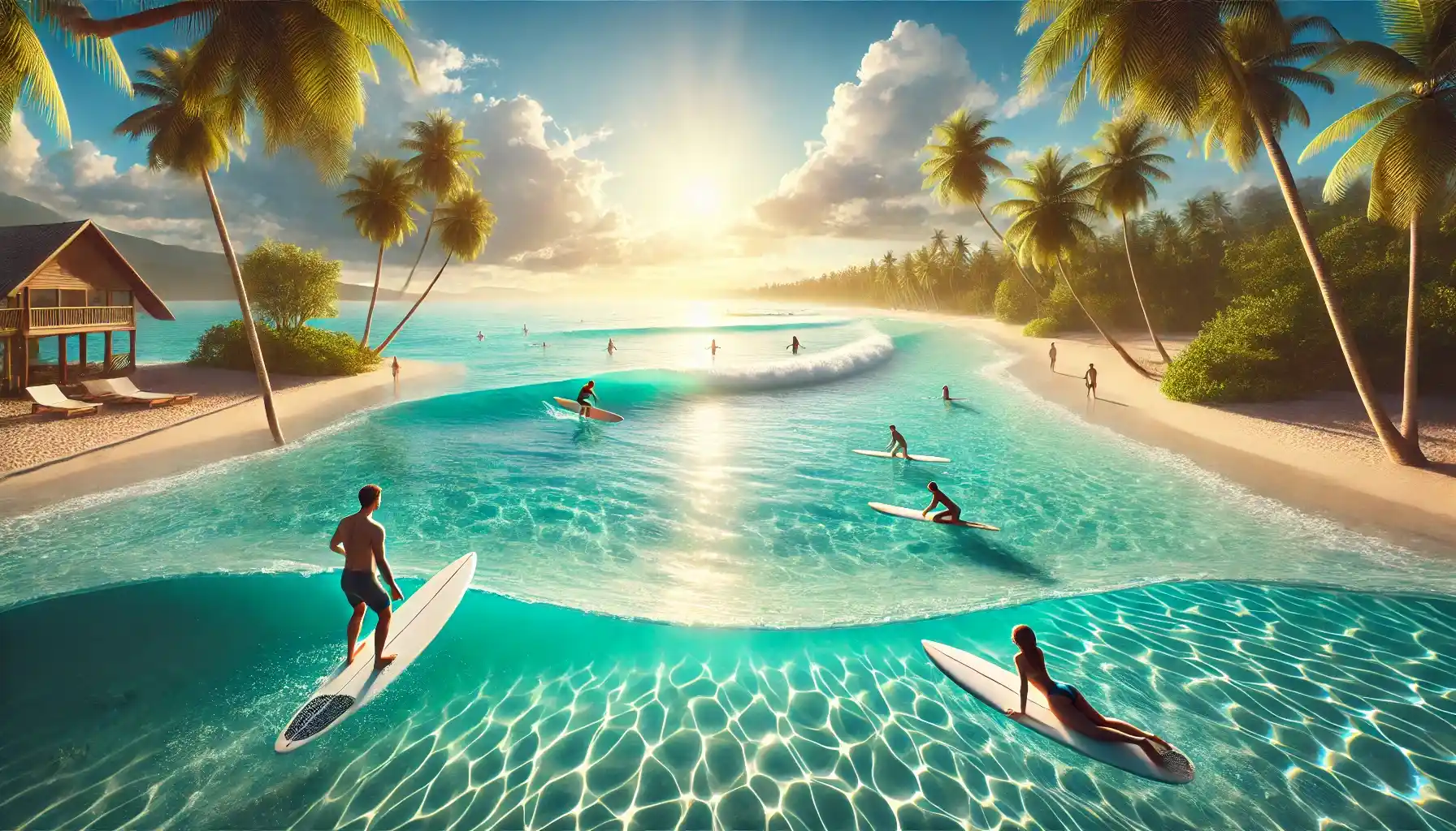 a serene tropical beach with gentle waves, suitable for beginner surfers, featuring a few people learning to surf with soft-top surfboards under a sunny sky. 