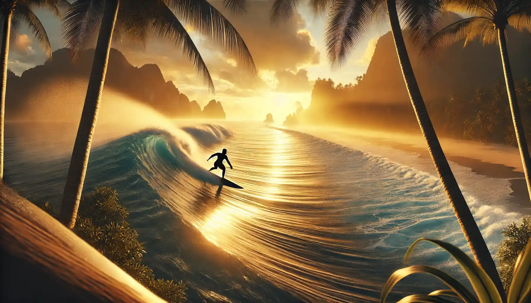 a world-class surfing destination, featuring a surfer catching a wave at sunrise with golden light reflecting on the water.