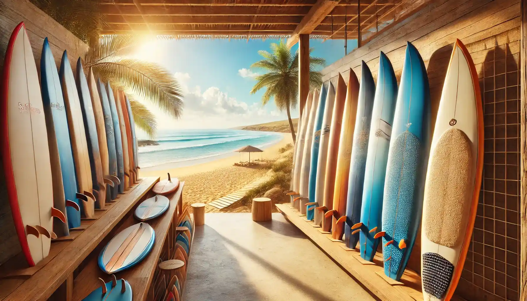 a surfboard shop near a serene beach with an array of beginner-friendly surfboards on display