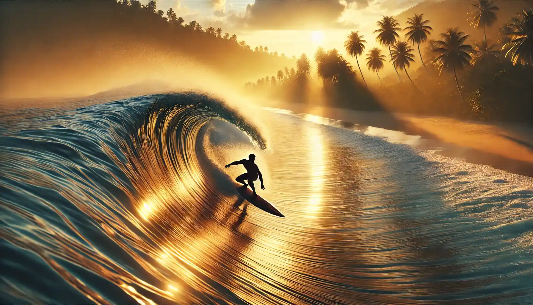 a surfer riding a perfect wave at a serene tropical beach during sunrise, with golden hues reflecting off the water and the wave curling majestically around the surfer. 
