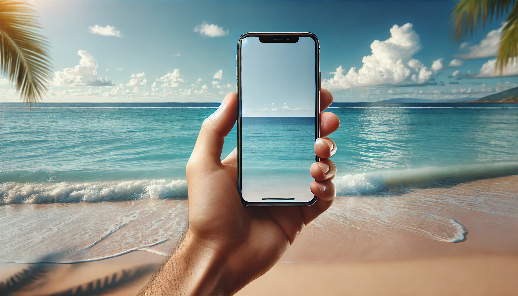 A hand holds a smartphone with a blank display screen against a picturesque backdrop of a sunny beach with clear blue skies and gentle ocean waves.