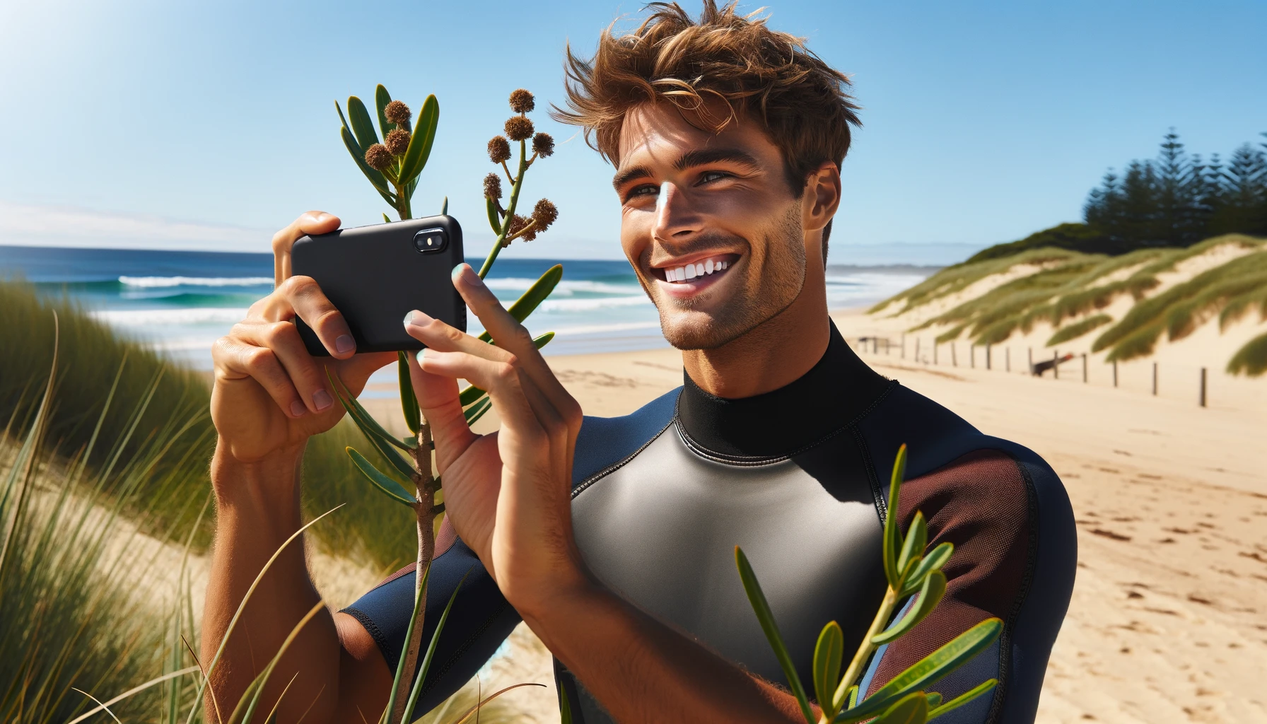 A smiling male surfer taking photos of a plant on a beach with his phone.