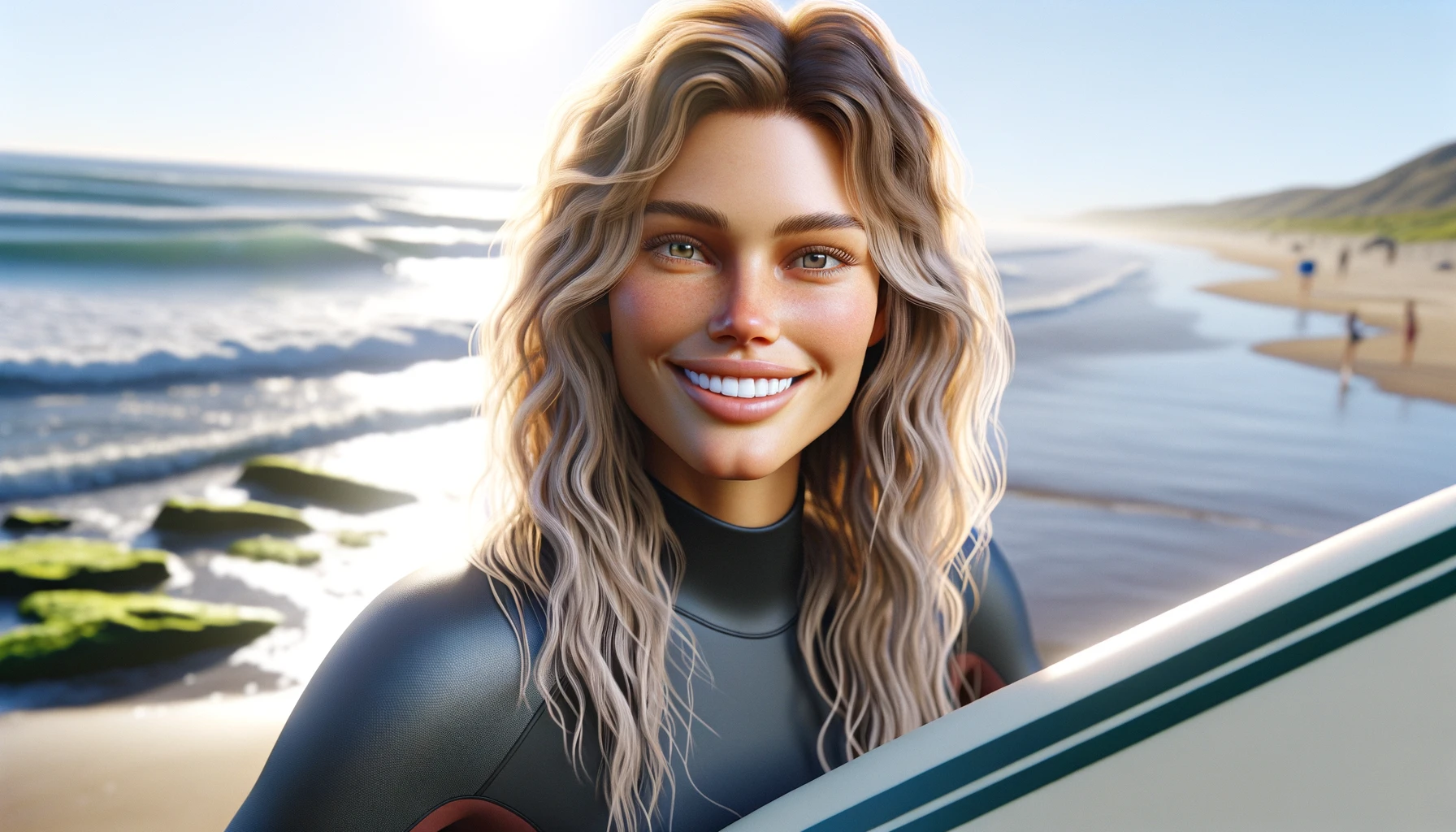 a curly blonde woman on a sandy beach holds her surf and smiles.