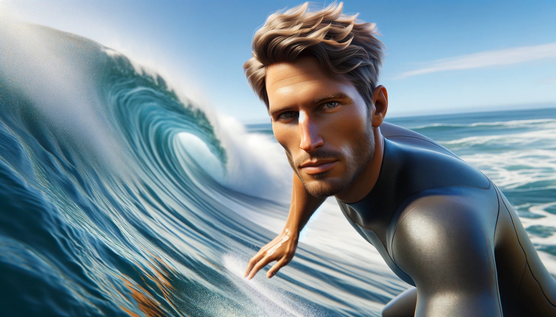 a man surfing on a wave. He has short, sun-bleached hair, a tan, and is wearing a wetsuit.