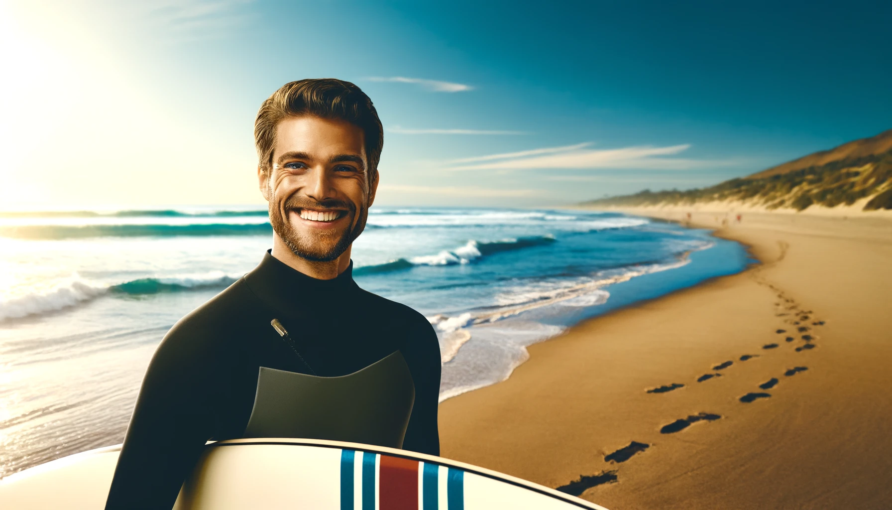 a smiling male surfer on a sandy beach. 