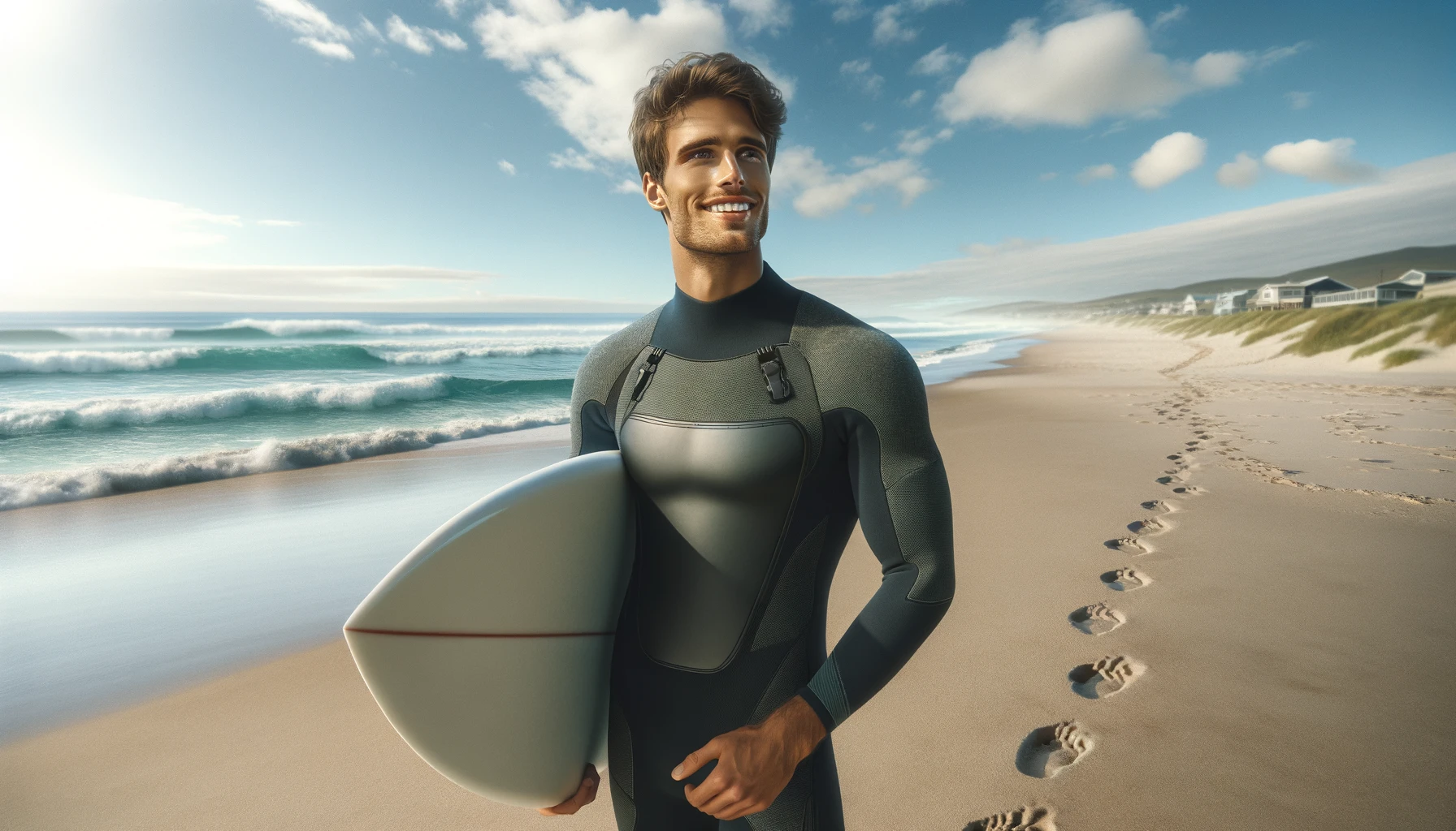 a smiling male surfer with brown hair on a beach near the ocean.