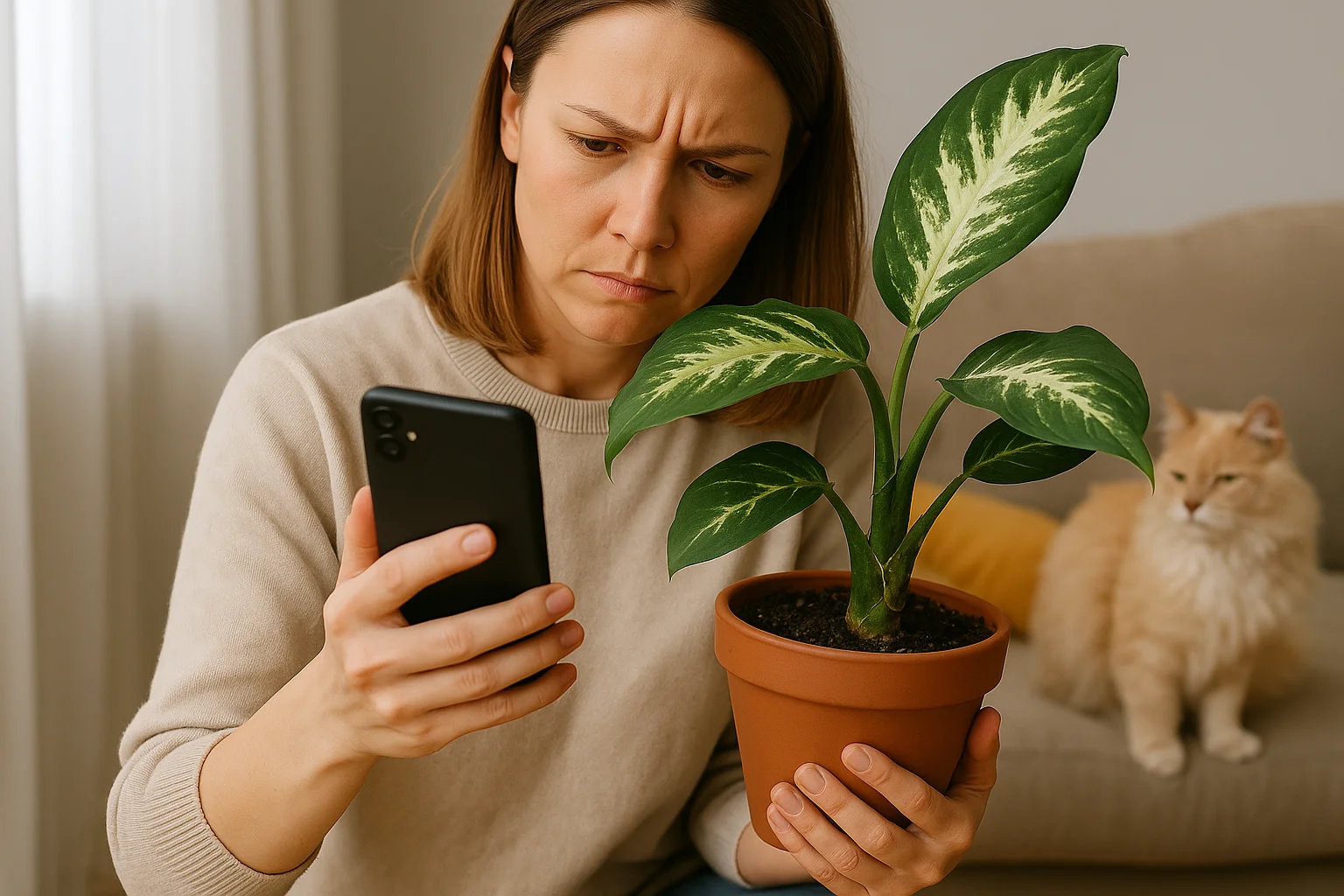 A cautious woman uses her phone to check information about a potted plant while her cat sits nearby, showing the importance of identifying plants for home safety.