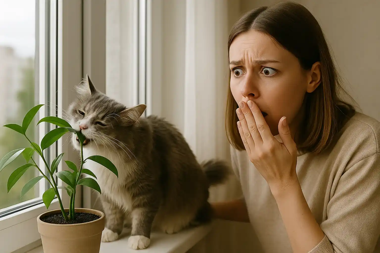 A worried woman reacts as her cat chews on the leaves of a houseplant by the window, highlighting the risks toxic plants pose to pets.