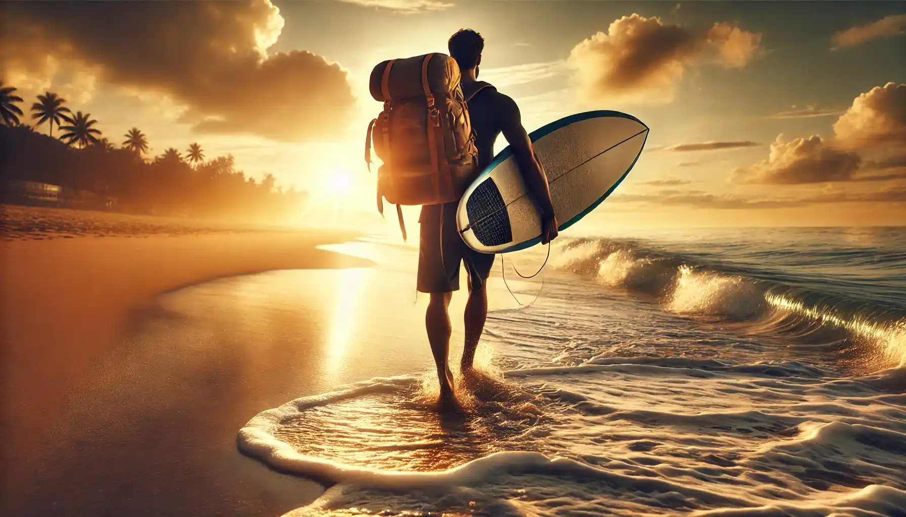 A surfer is walking along a tropical beach at sunset, carrying a surfboard under one arm and a backpack on their shoulder.