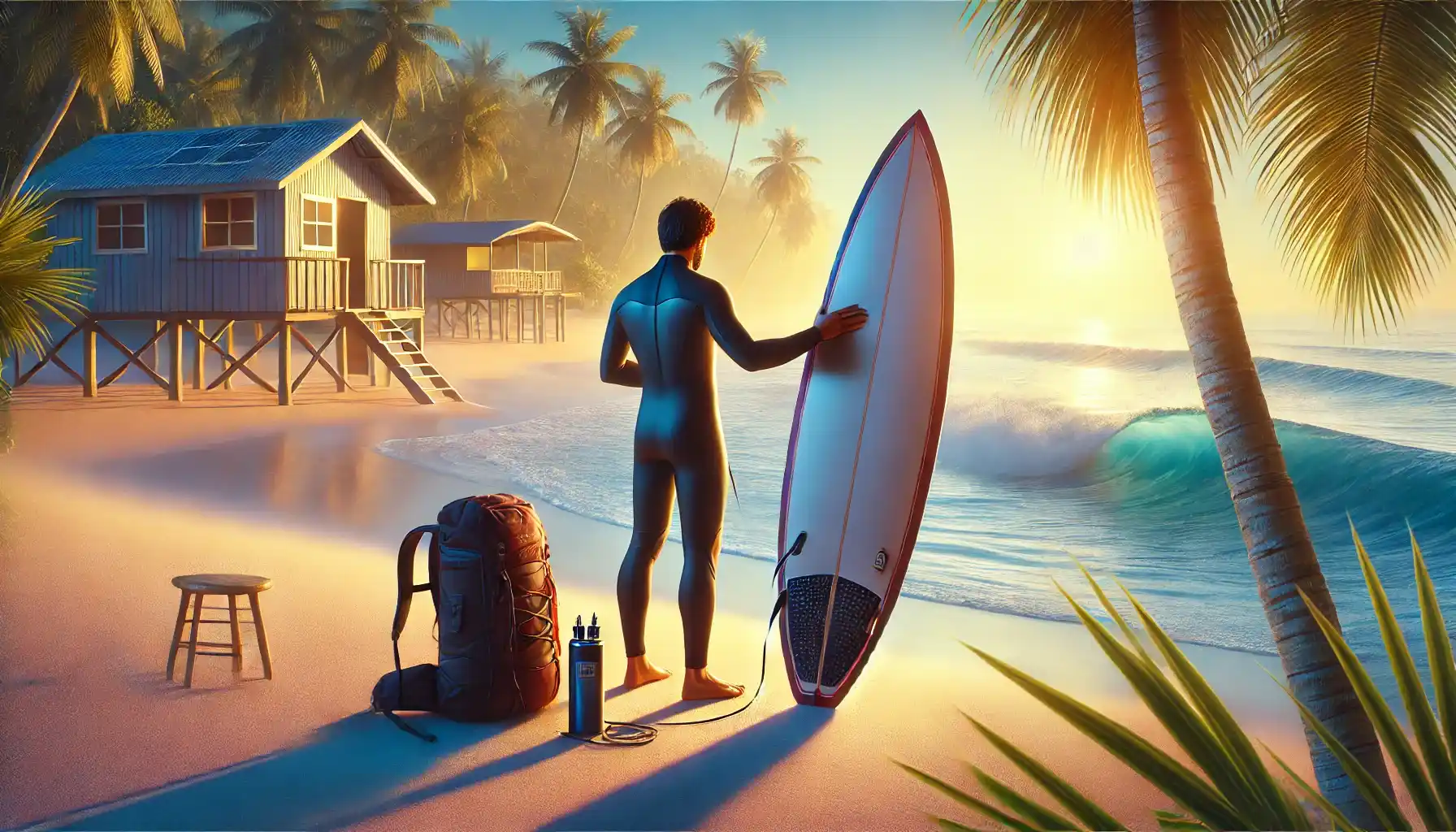 A surfer is standing on a tropical beach at sunrise, checking their surfboard and wetsuit.