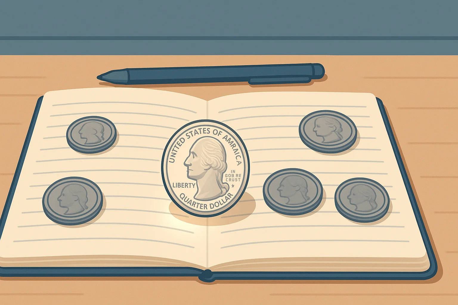 A few 1965 quarters put nearby for inspection on a notebook.