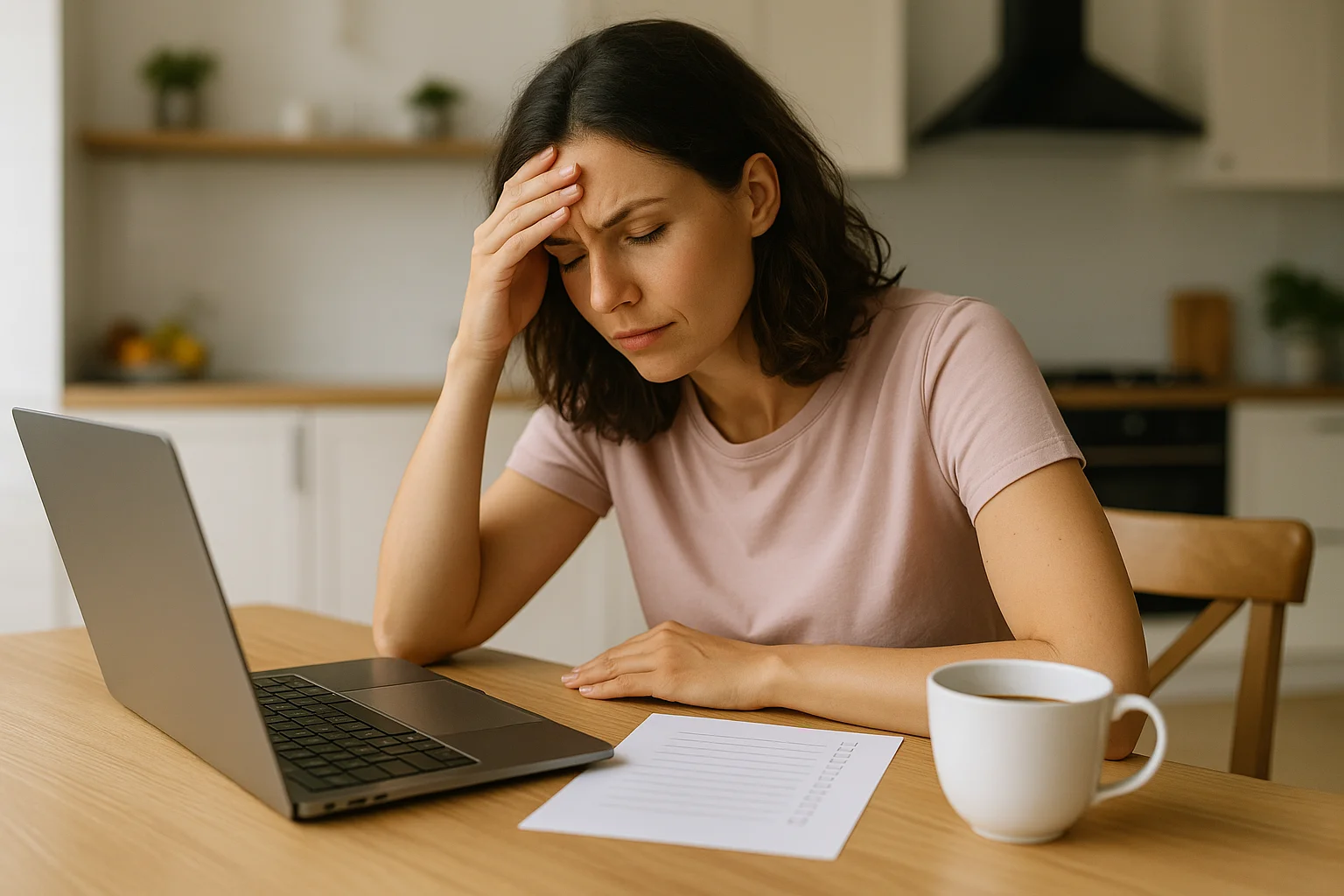  A woman in her 30s sits at her kitchen table, staring wearily at a to-do list with a hand on her forehead — a quiet portrait of mental fatigue.